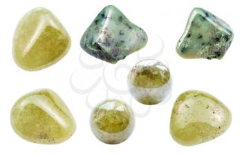 set of various Grossular (green garnet) gemstones isolated on white background