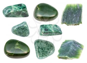 set of various green Jade gemstones isolated on white background