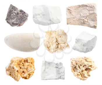 set of various limestone rocks isolated on white background