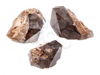 set of smoky quartz morion crystals isolated on white background