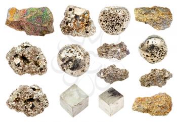 set of various Pyrite (iron pyrite, fool's gold) crystals isolated on white background