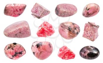 set of various Rhodonite gemstones isolated on white background