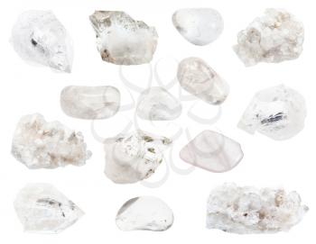 set of various colorless Rock-crystal gemstones isolated on white background