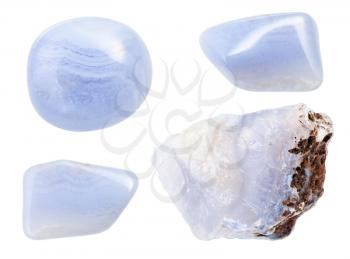 set of Sapphirine (Blue Lace Agate, Chalcedony) gemstones isolated on white background