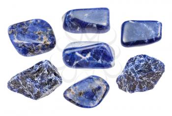 set of various Sodalite gemstones isolated on white background