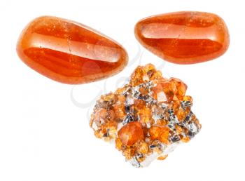 set of various Spessartine garnet crystals isolated on white background