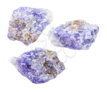 set of Tanzanite (blue violet Zoisite) crystals isolated on white background