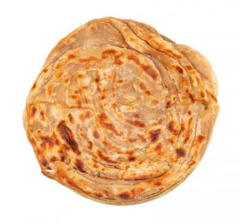 Indian cuisine - top view of lachha paratha (multi layered fried flatbread ) on brass plate isolated on white background
