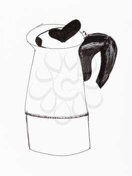 geyser coffee maker moka pot hand-drawn by black marker pen on white paper