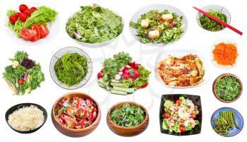collection of various vegetable salads isolated on white background