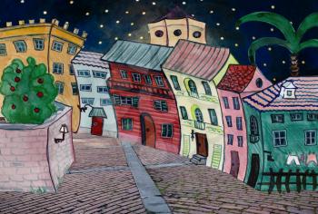 collage from handpainted cityscape and night sky and photo of pavement