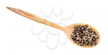 top view of monk's pepper (vitex) in wood spoon isolated on white backgrouns