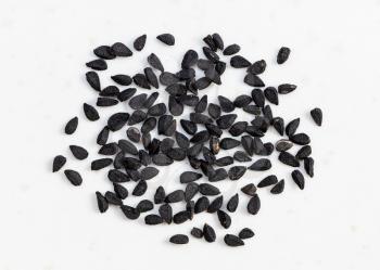several Nigella sativa seeds (black caraway) close up on gray ceramic plate