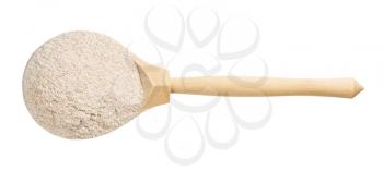 top view of wood spoon with whole-grain wheat flour isolated on white background