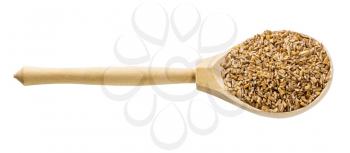 wooden spoon with uncooked crushed Emmer farro hulled wheat groats isolated on white background