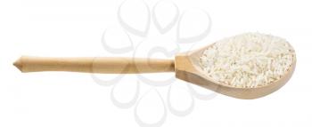 wooden spoon with uncooked polished long-grain jasmine rice isolated on white background