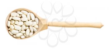 top view of wood spoon with uncooked white beans isolated on white background