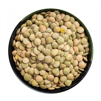 top view of raw whole large green lentils in round bowl isolated on white background