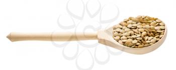 wooden spoon with raw whole light green lentils isolated on white background