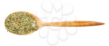 top view of wood spoon with ground parsley leaves isolated on white background