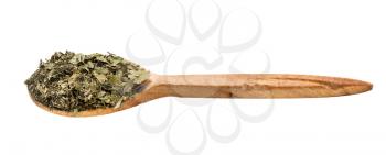 wooden spoon with ground leaves of purple and green basil herb isolated on white background
