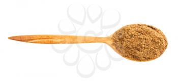 top view of wood spoon with nutmeg powder isolated on white background
