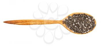 top view of wood spoon with raw chia seeds isolated on white background