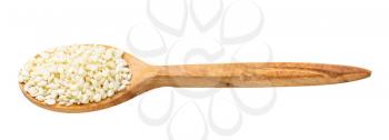 wooden spoon with raw white sesame seeds isolated on white background