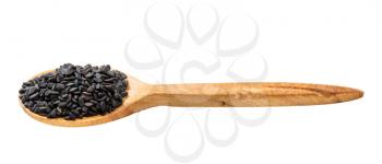 wooden spoon with raw black sesame seeds isolated on white background