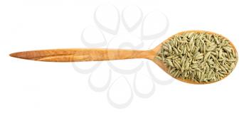 top view of wood spoon with anise seeds isolated on white background