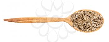 top view of wood spoon with dill seeds isolated on white background