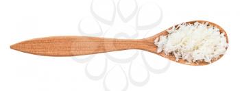top view of coconut flakes in wood spoon isolated on white background