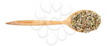 top view of old dried lavender in wood spoon isolated on white background