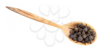 top view of tailed pepper (cubeb) in wood spoon isolated on white backgrouns