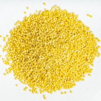 top view of pile of polished proso millet close up on gray ceramic plate