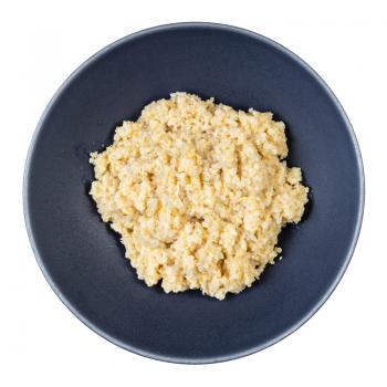 top view of cooked porridge from crushed polished wheat in gray bowl isolated on whitte background