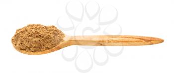 wooden spoon with nutmeg powder isolated on white background