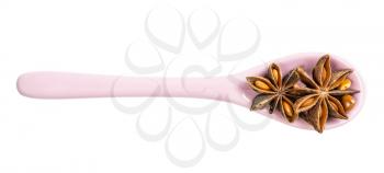 top view of ceramic spoon with star anise (badian) isolated on white background