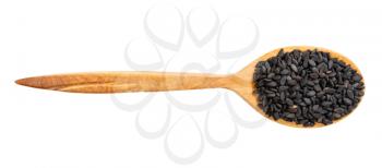 top view of wood spoon with raw black sesame seeds isolated on white background