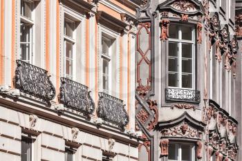 Medieval rich house palace windows close up. Munich, Bavaria, Germany