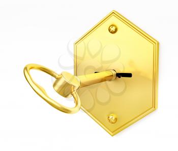 Safety concept - golden safe key in keyhole on white