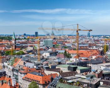 Aerial view of Munich with construction site and cranes, Bavaria, Germany