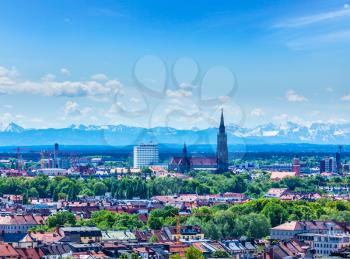 Aerial view of Munich with Bavarian Alps in background, Bavaria, Germany