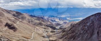 Panorama of Indus valley from Kardung La pass - allegedly the highest motorable pass in the world (5602 m). Ladakh, India