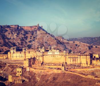 Vintage retro hipster style travel image of famous Rajasthan landmark - Amer (Amber) fort, Rajasthan, India