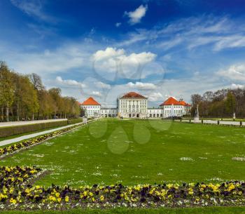 Grand Parterre (Baroque garden) and the rear view of the Nymphenburg Palace. Munich, Bavaria, Germany