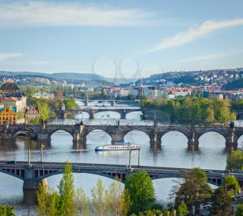 Travel Prague concept background - elevated view of bridges over Vltava river from Letna  Park. Prague, Czech Republic