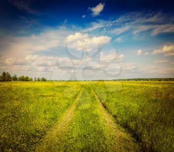 Vintage retro hipster style travel image of spring summer background - rural road in  green grass field meadow scenery lanscape with blue sky