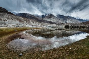 Sacred mountain lake Lohan Tso in Himalayas. Nubra valley, Ladakh, Jammu and Kashmir, India