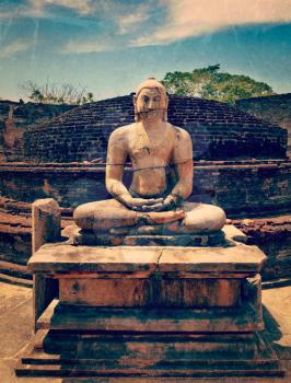 Vintage retro hipster style travel image of ancient sitting Buddha image in votadage with grunge texture overlaid. Pollonaruwa, Sri Lanka